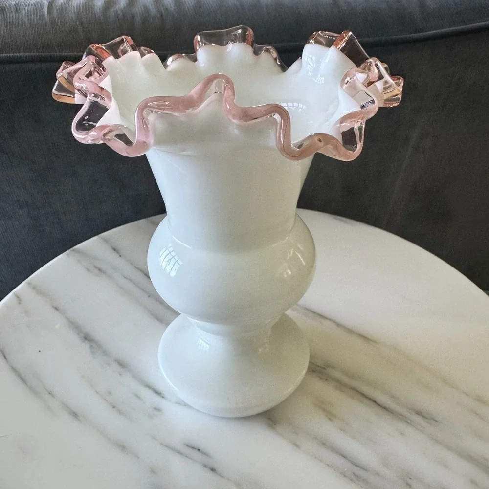Fenton Milk Glass Pink Ruffled Rose Crest Vase 7